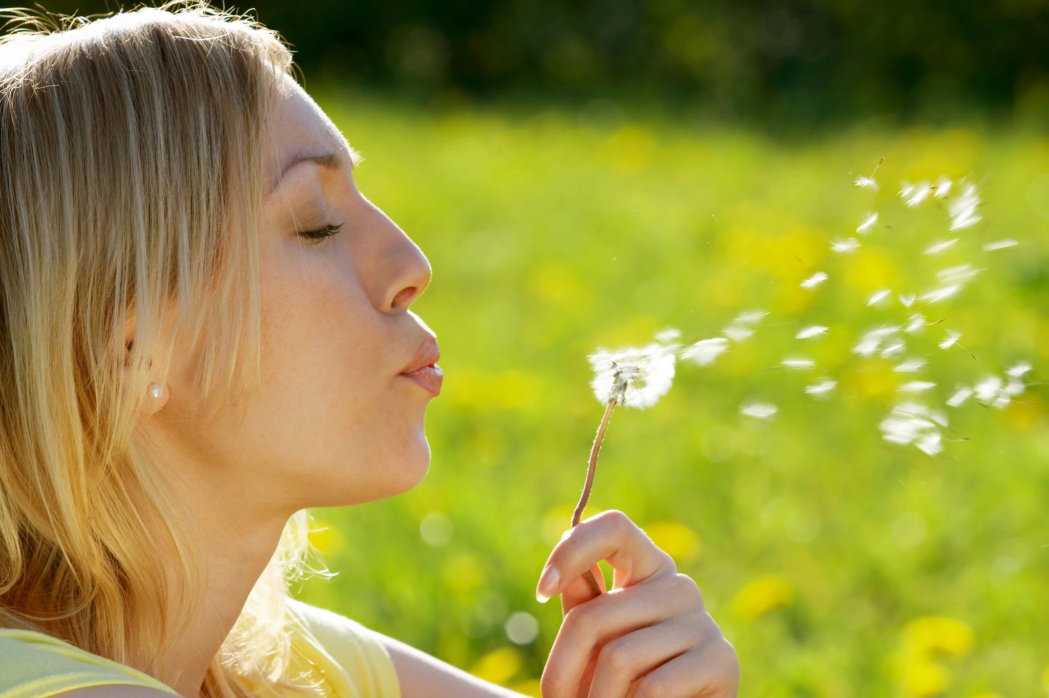 Woman blowing dandelion