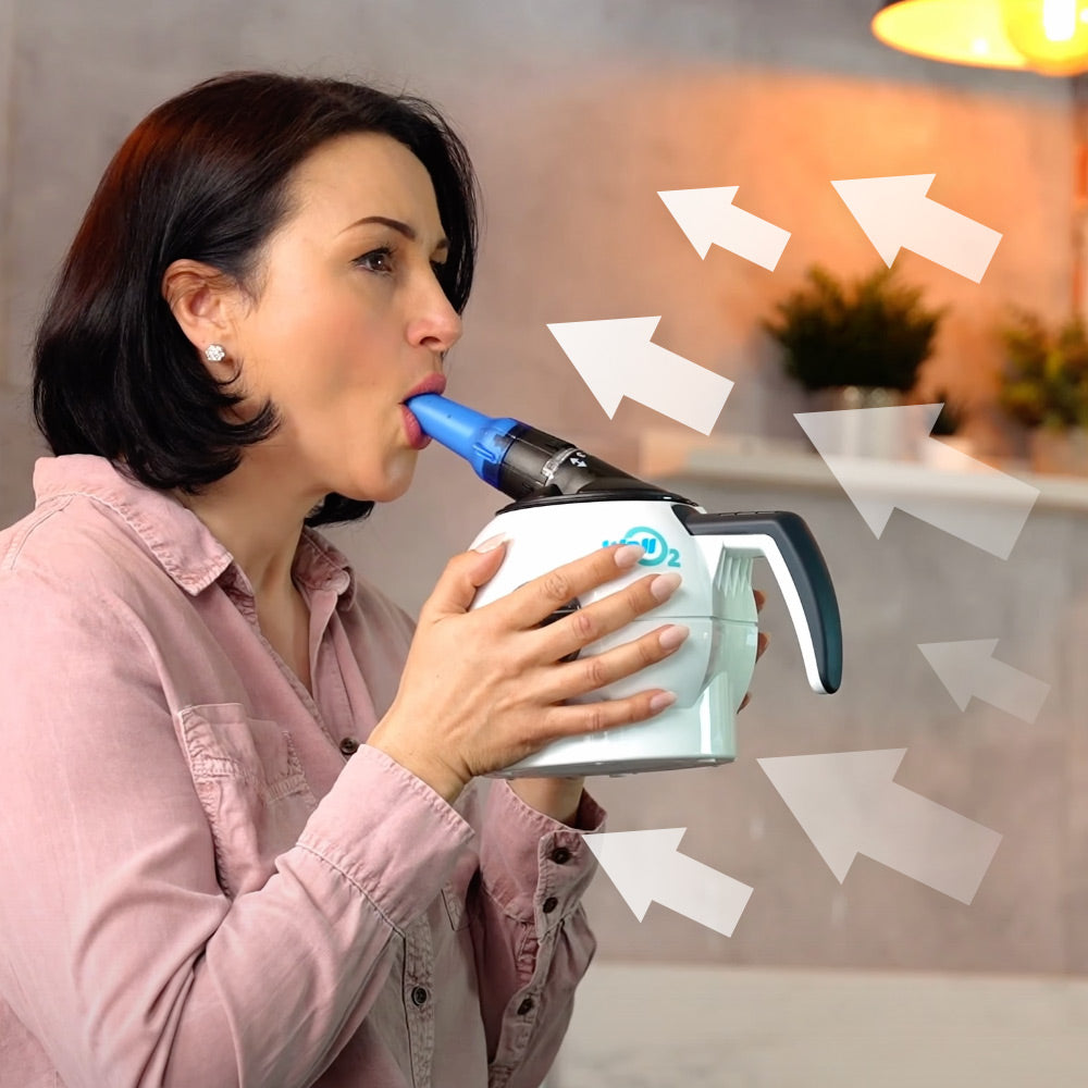 Woman using a wello2 steam breathing trainer with arrows pointing to it, indicating airflow and steam being inhaled.